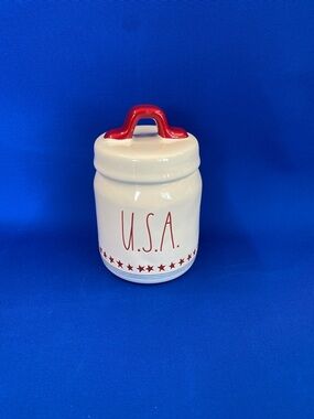 Rae Dunn Patriotic U.S.A. Ceramic Canister with Red Handle